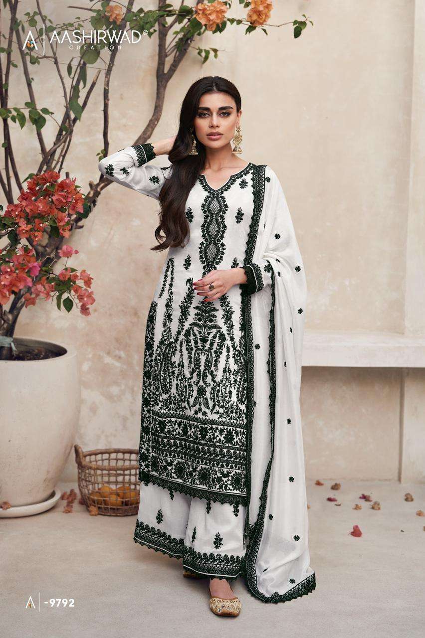 aashirwaad creation catalogue mirza series 9791 to 9792 black n white designer partywear readymade collection heavy embroidery dresses