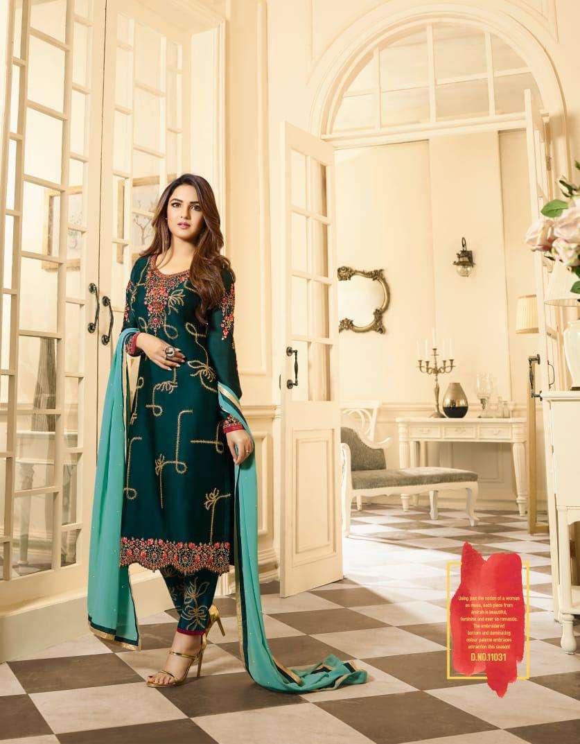 amirah series 11031 to 11036 straight partywear suit material satin georget hevy embroidery and additional hand work and diamond 