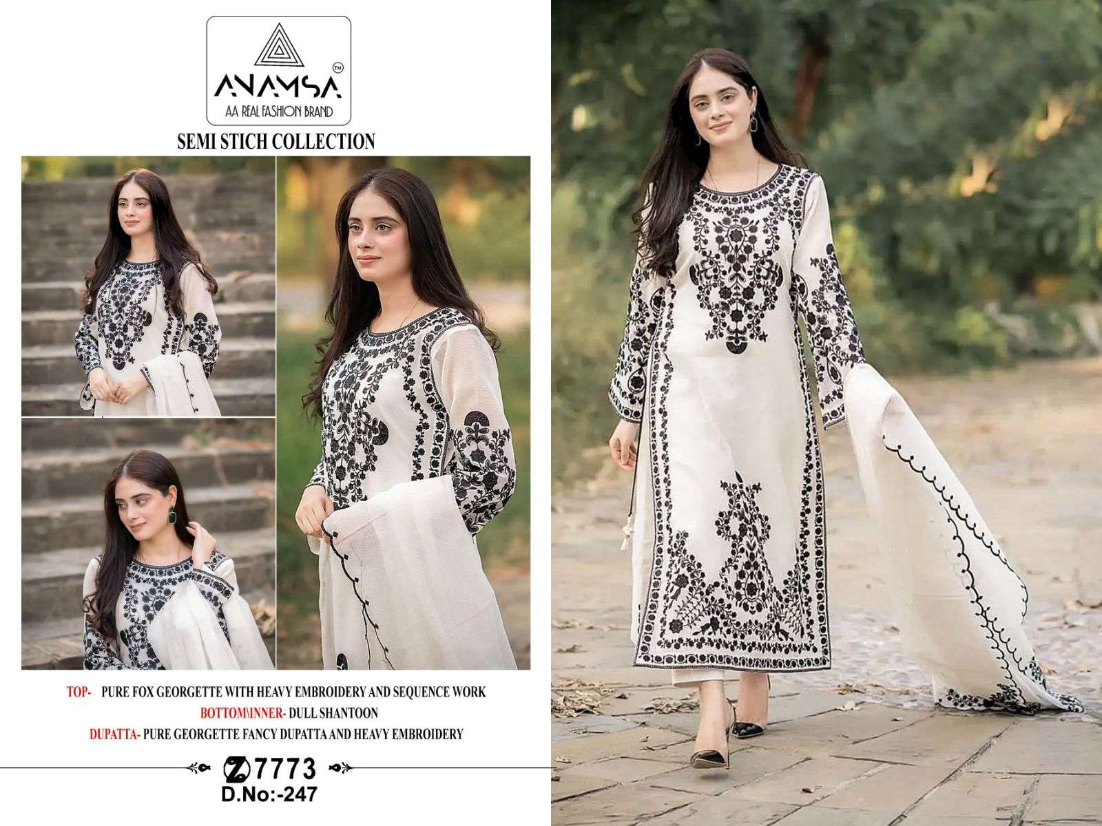 anamsa design number 7773 semi stiched white colour with black thread embroidery designer partywear pakistani suit collection  
