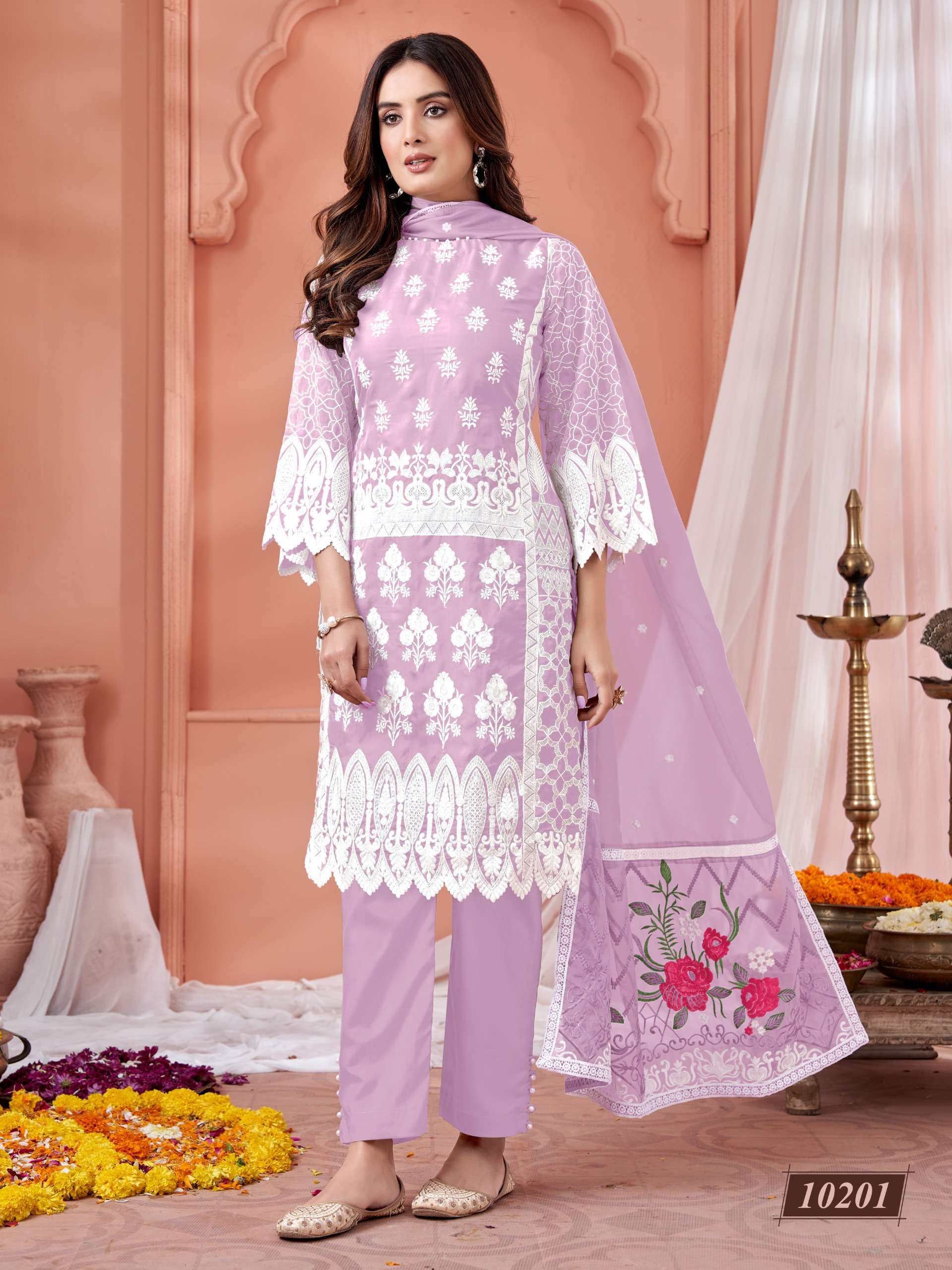 anjubaa vol 20 design number 10201 to 10204 designer partywear lucknavi embroidery partywear suit collection soft organza lucknavi embroidery suit