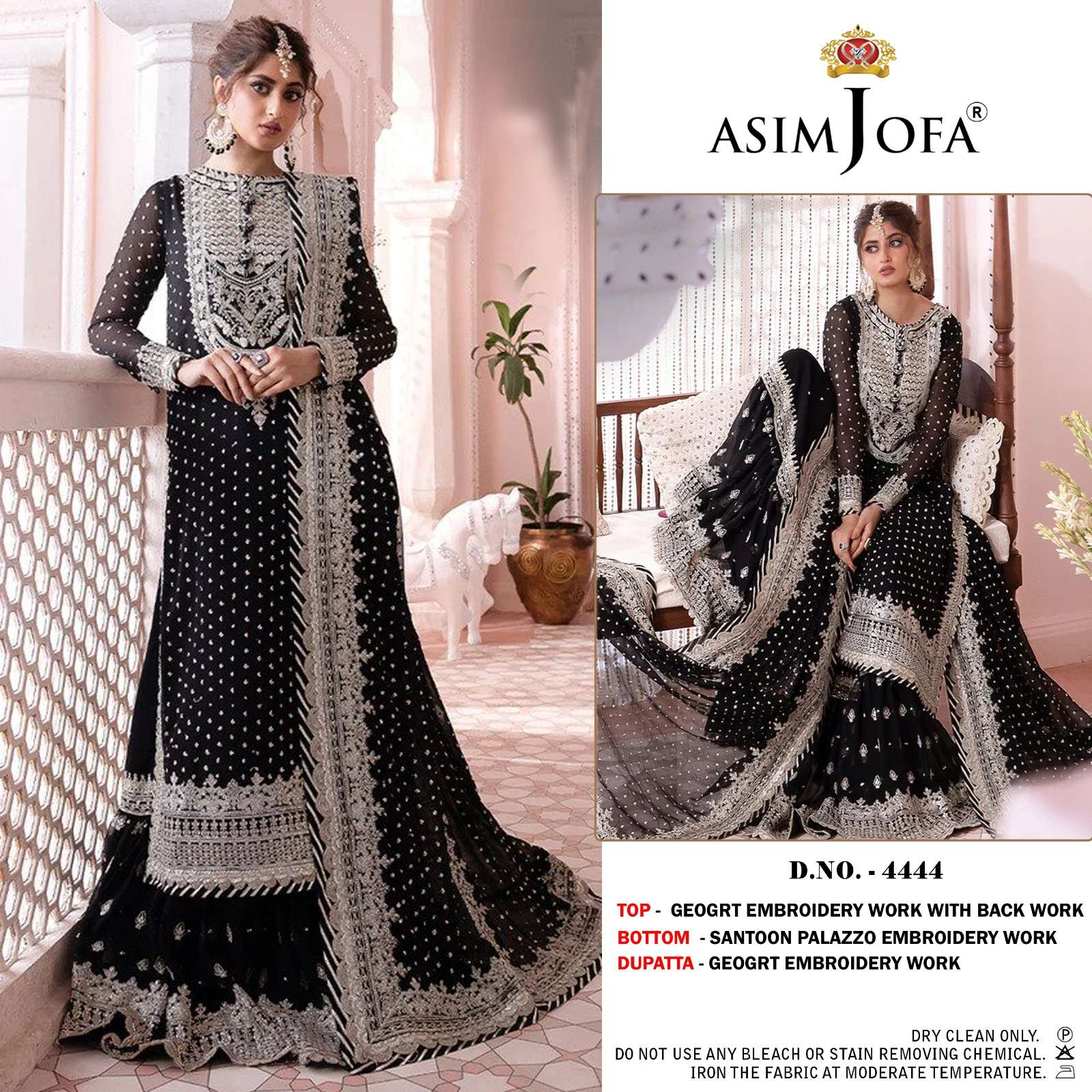 asim jofa design number 4444  gerogette  with heavy embroidered with back work inner santoon black colour heavy embroidery paksitani suit  