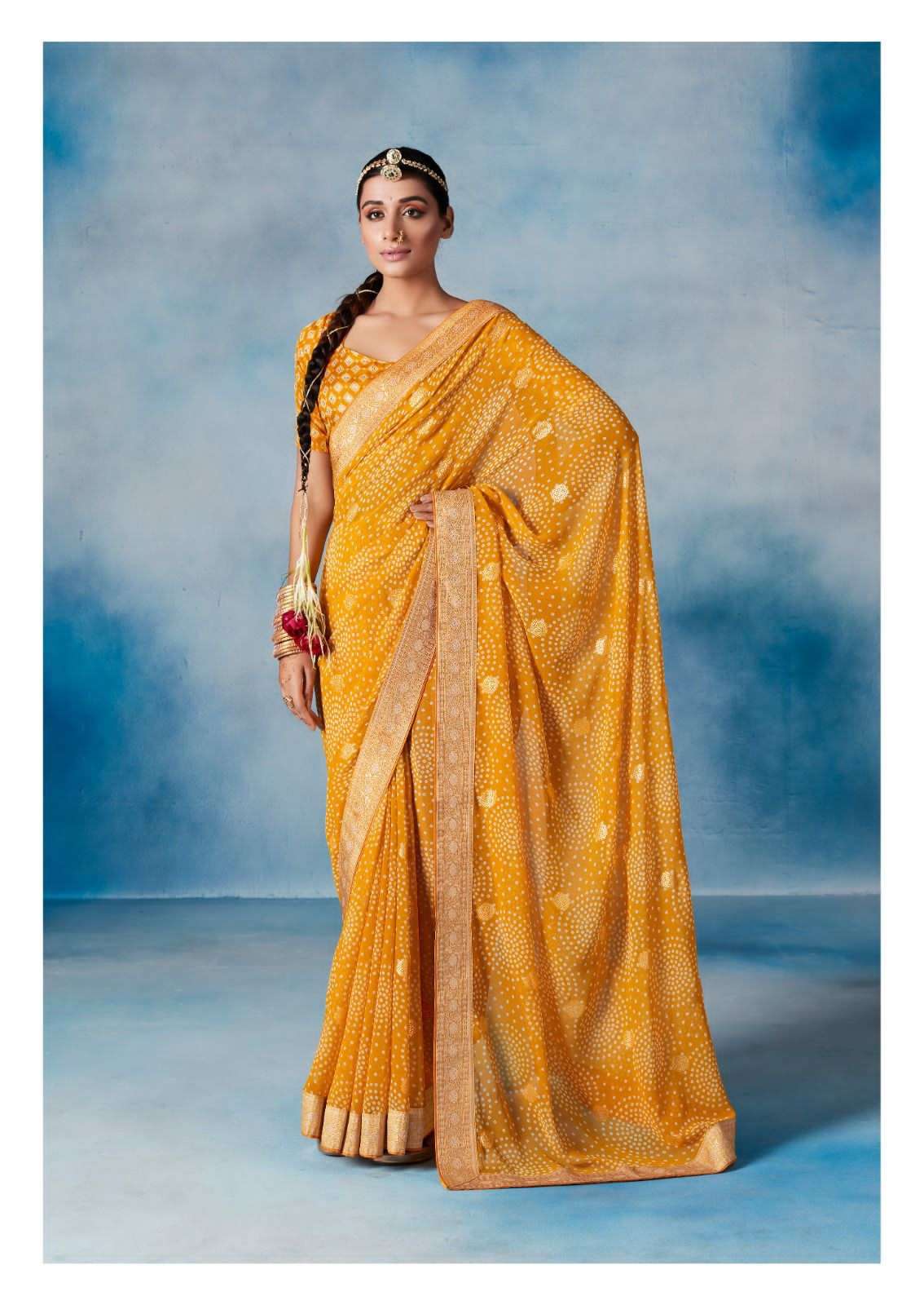 catalogue haldi marriage haldi collection heavy weightless fabric with mill bandhej print and weaving border n foil print with running blouse blouse saree   
