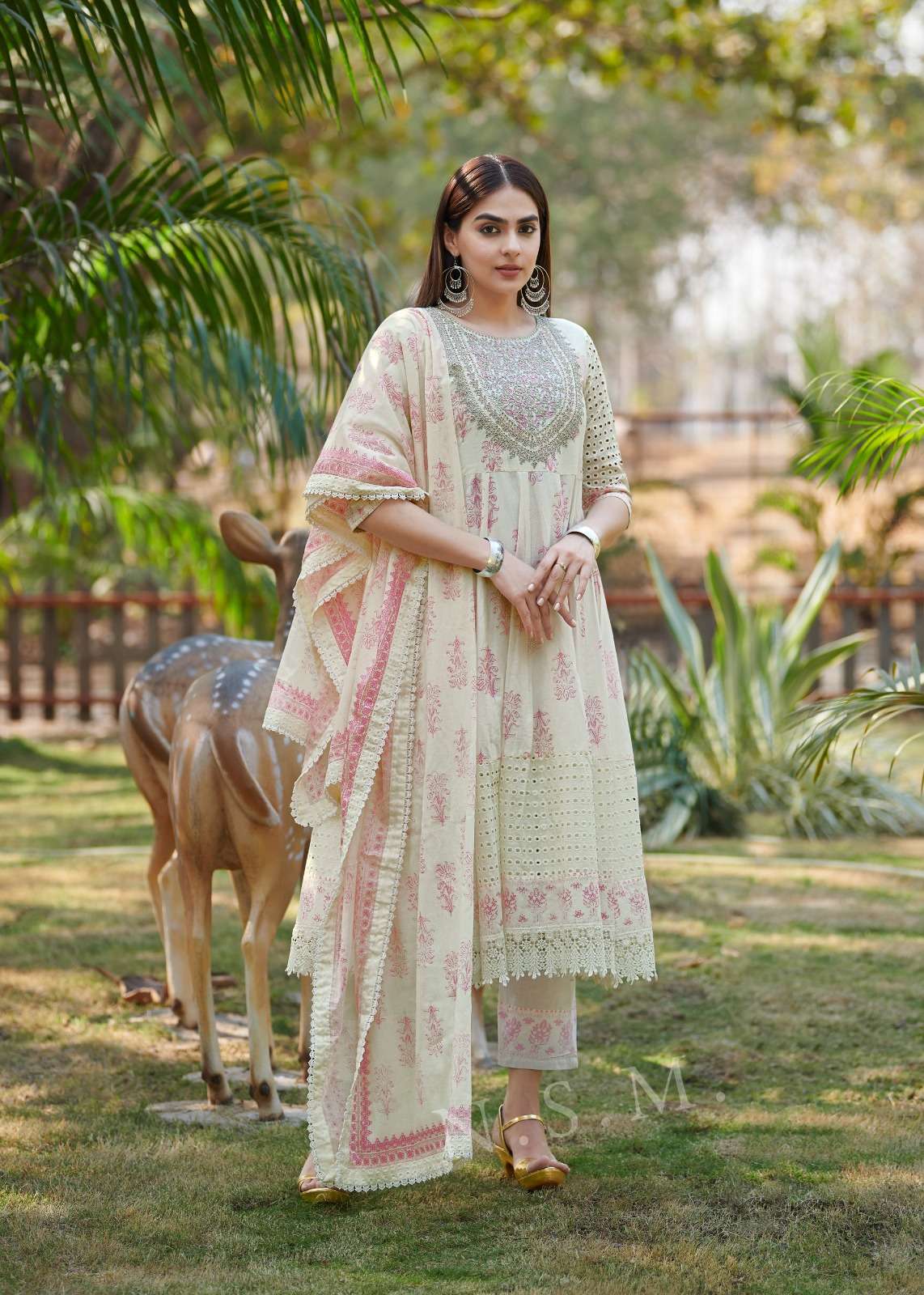 catalogue name raja rani heavy shiffli  stiched suit top heavy embroidery neck work with pure cotton print anarkali style with shiffli panel work readymade suit  