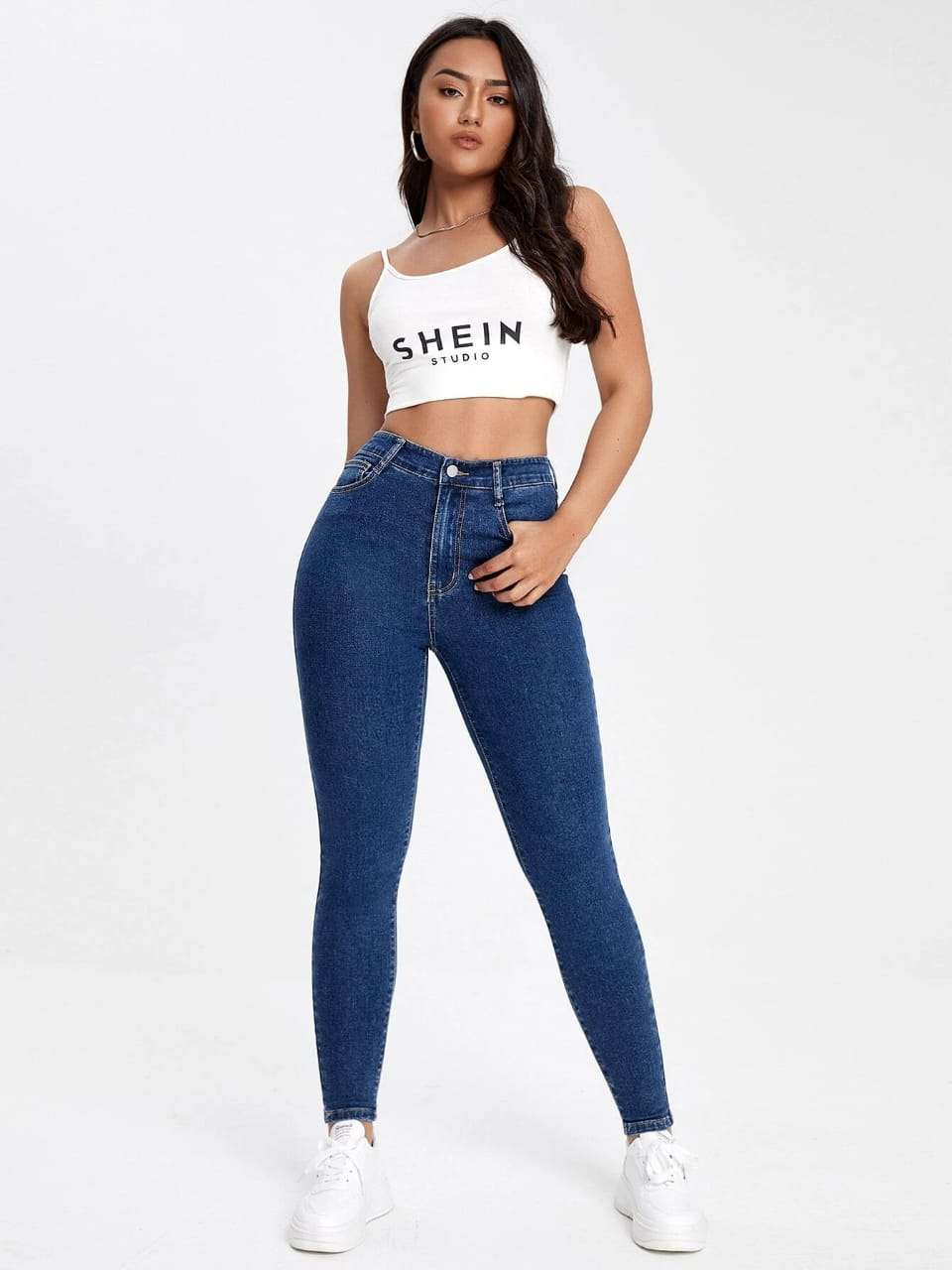 denim 1 button high waist jeans pattern 1 button high waist jeans fabric denim stretchable fabric skin tight stylish girlish jeans  