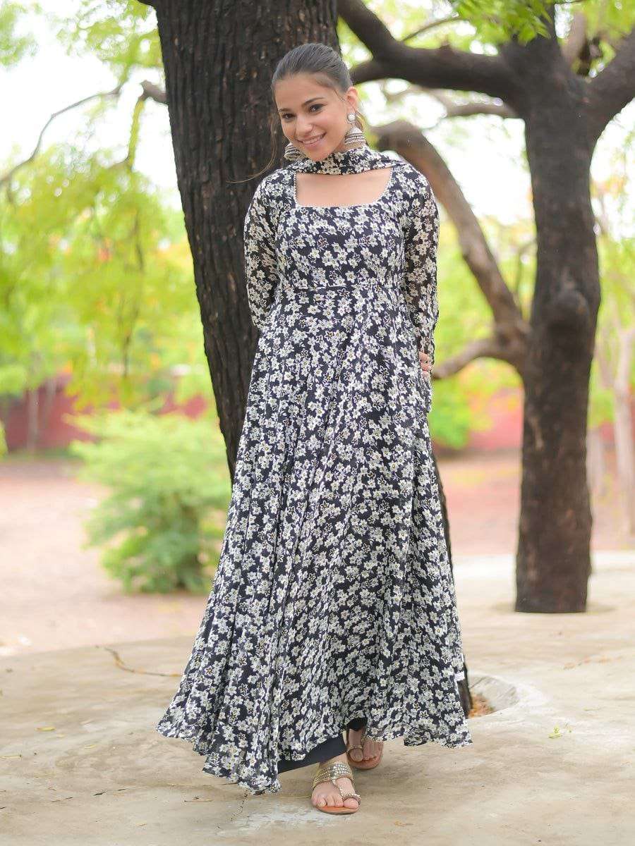 design number 065 black and white flower gown classic dress are delightful and this easy to wear and stylish black and white flower print fox georgette suit