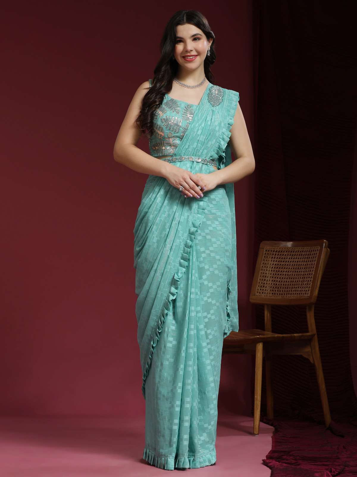 design number 275 ready to wear sarees designer partywear ready to wear saree waist belt handwork embroidery blouse designer ready to wear saree collection  