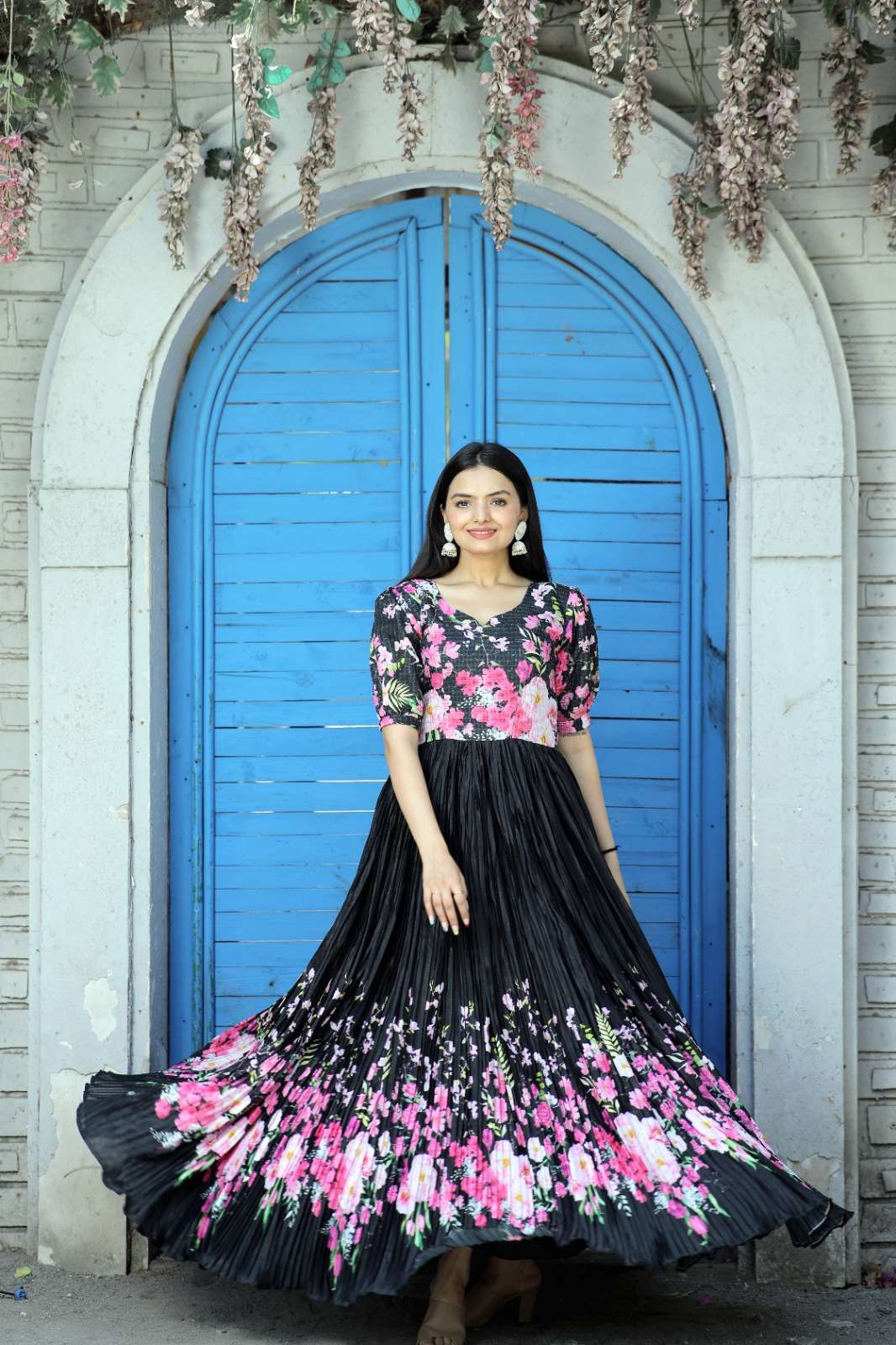 design number ka 1042 premium designer readymade gown collections be the center of attractions with this floral printed chinnon crush pleating  and crochet muslin 