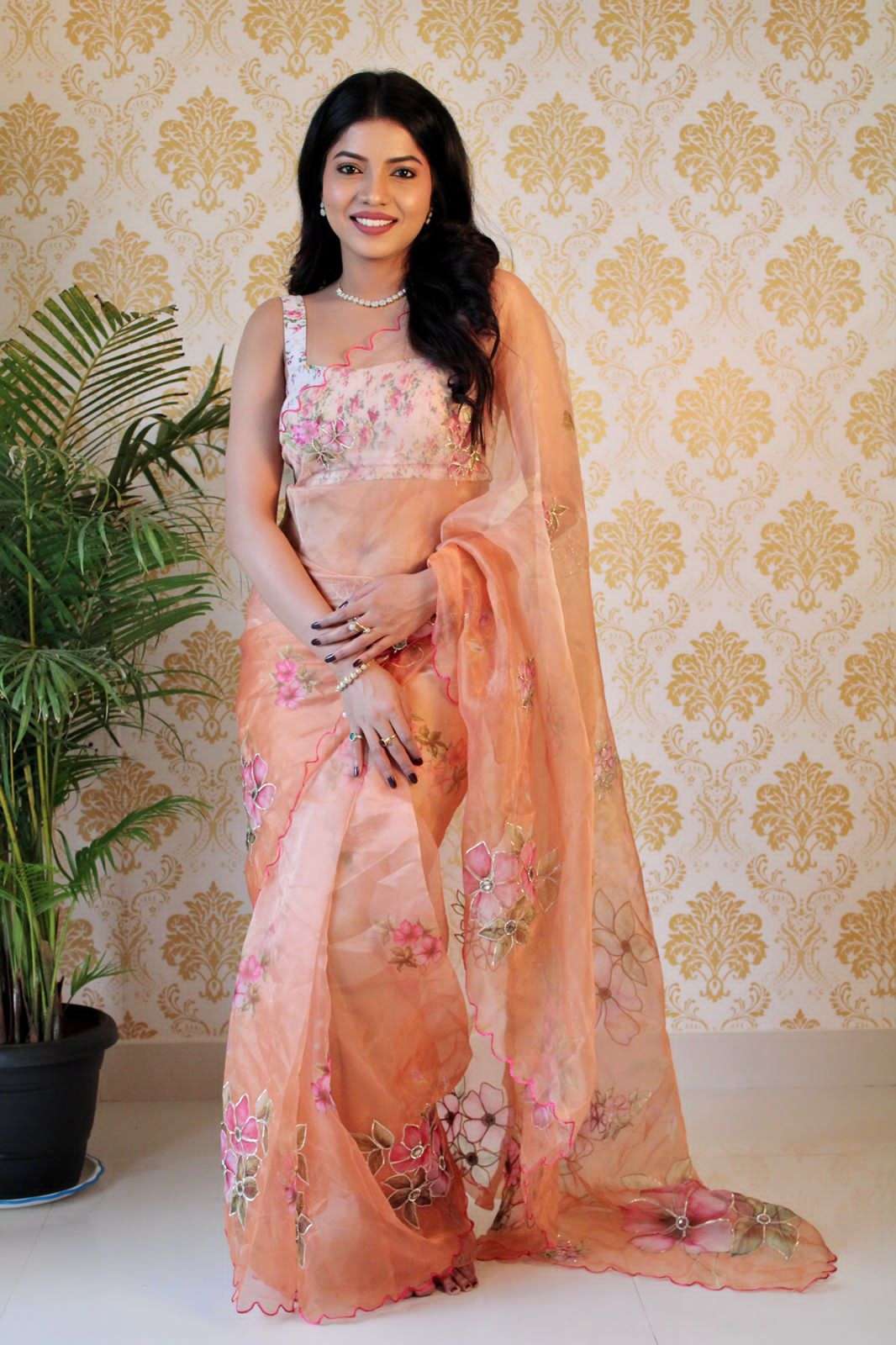 designer saree wedding season sell in saree saree fabric soft organza fabric blouse running banglory work digital print with hand  khalati work n border cutwork with diamond work 