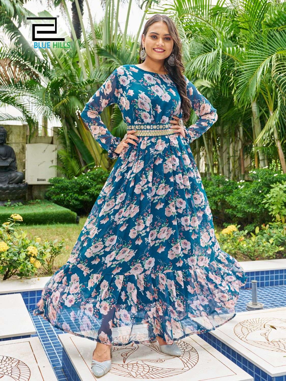 expression long flair and frill gown with long sleeves and belt fabric heavy georgette print inner crepe designer georgette gown with waist belt  