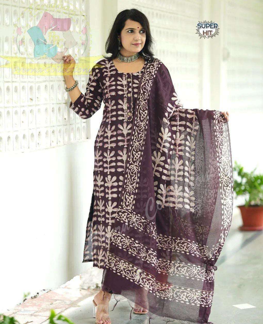heavy reyon readymade printed cotton kurtie with pant duppta dress reyon cotton printed readymade suit collection in wine colour 