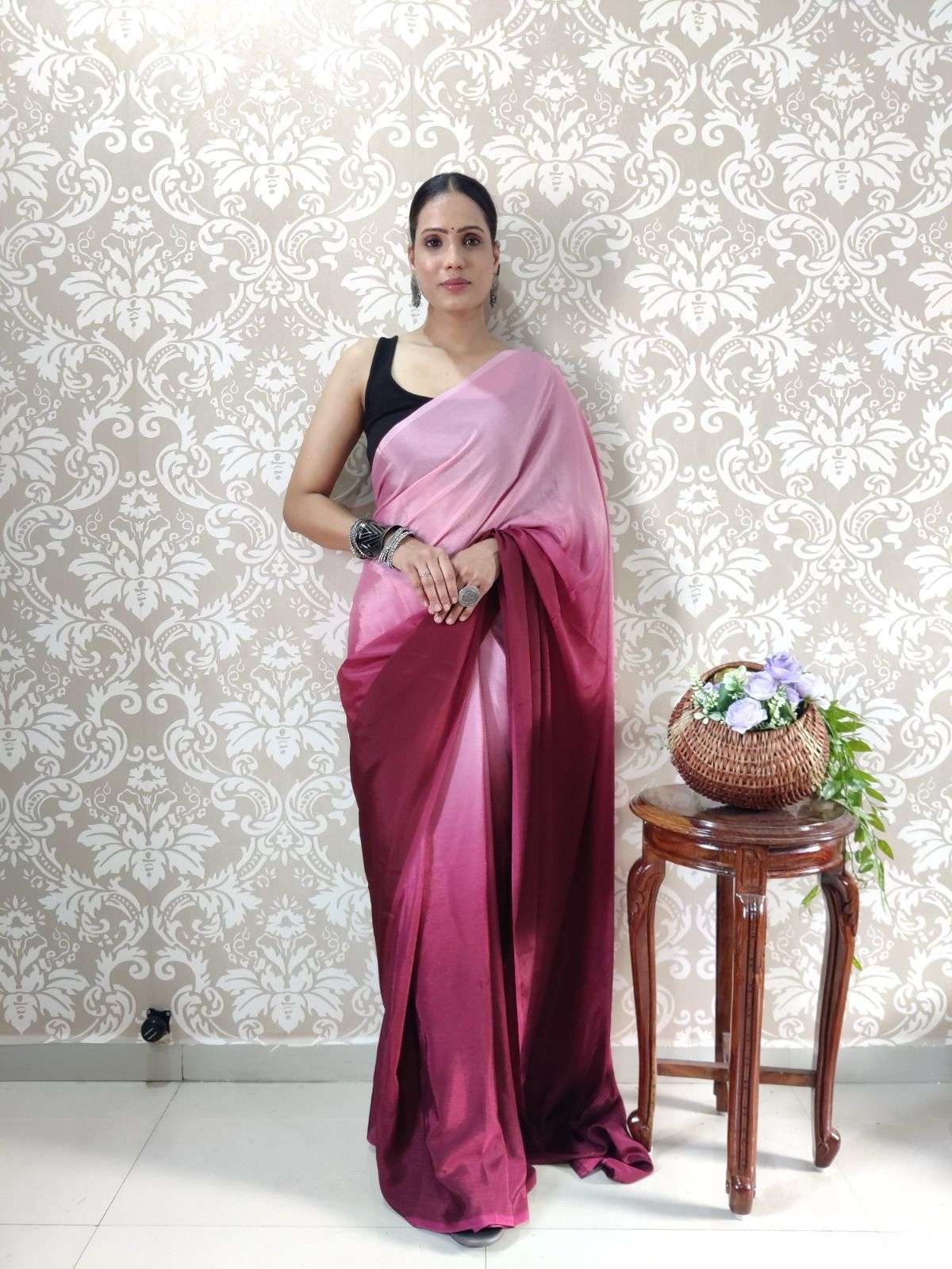 in just ready to wear saree one minute fabric chinon soft  pading dasty color range one minute ready to wear saree collection 