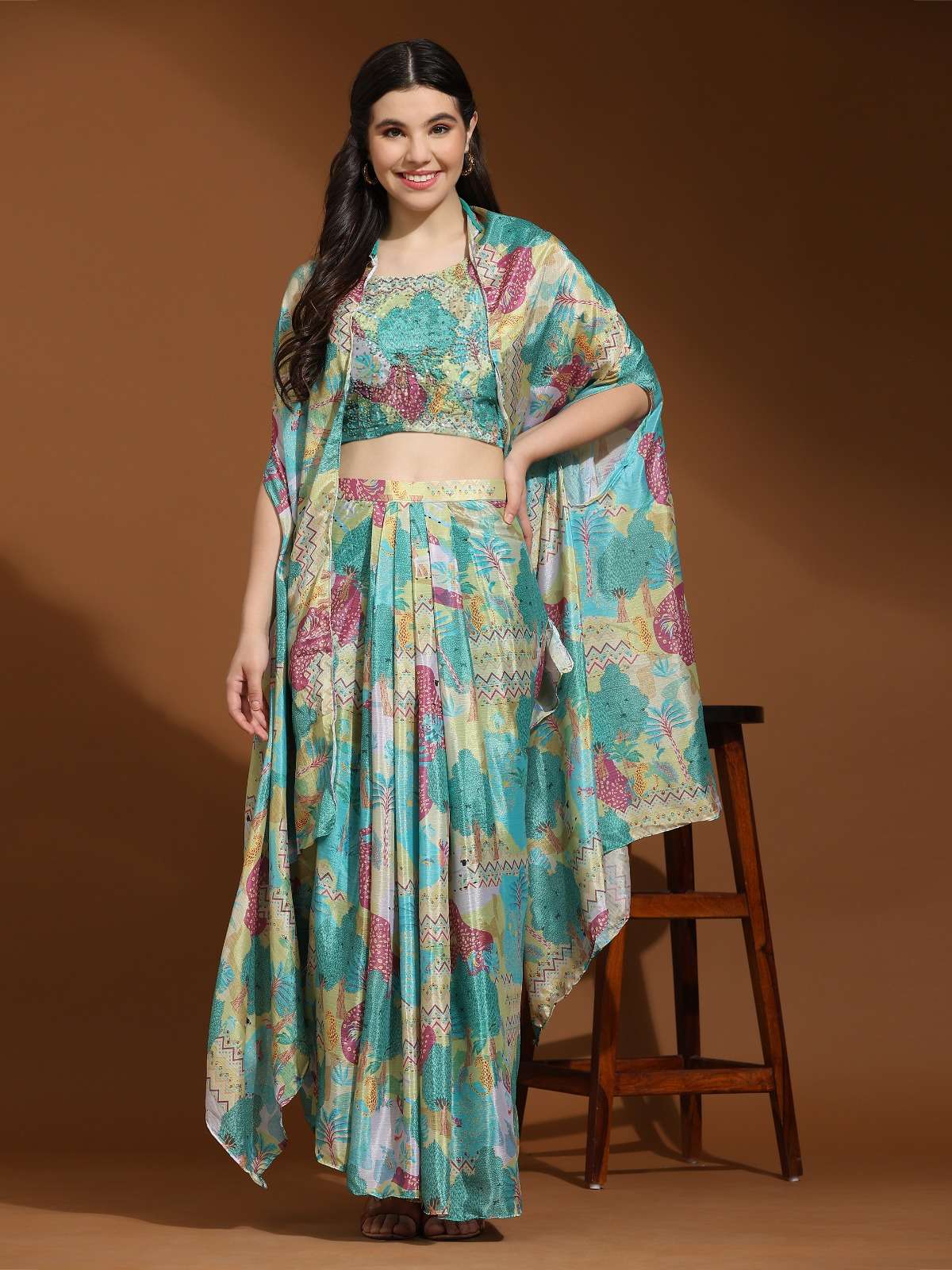 indowwestern collection 3 piece top skirt and shrug design no c342 top hand work blouse skirt chinon fabric with cowl and shrug designer print 