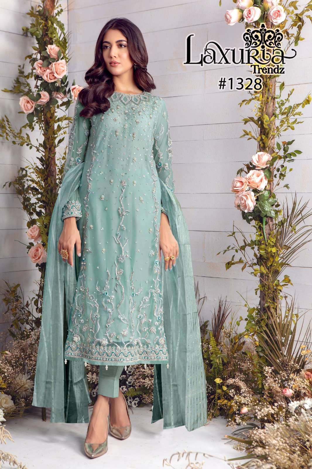 laxuria trend design number 1328 luxury pret collection in tunic n cigarette pants with dupatta readymade pakistani suit collection 