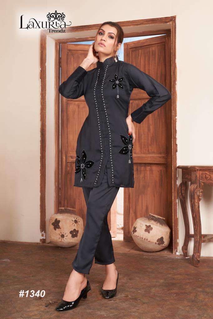 laxuria trendz cord set design number 1340 designer tunic with gorgeous handwork on velvet patch sleeves n glamours cord set handwork for women  