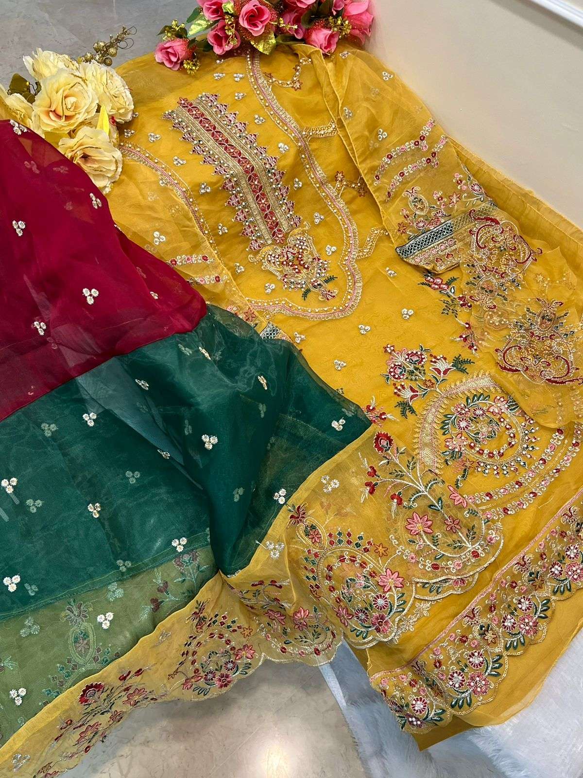 pakistani suit rainbow fabrics orgenza embroidery with khatli work with santoon inner bottom embroidered orgenza dupatta pakistani suit  