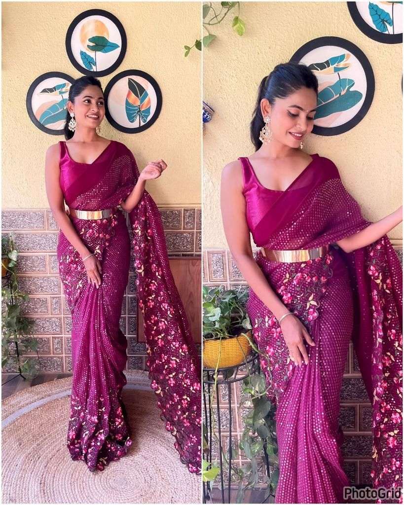 presenting you most beautiful 1 min sequance saree collection with our own real modeling shoot kc 354 1 min ready to wear saree emebroidery n sequence work  