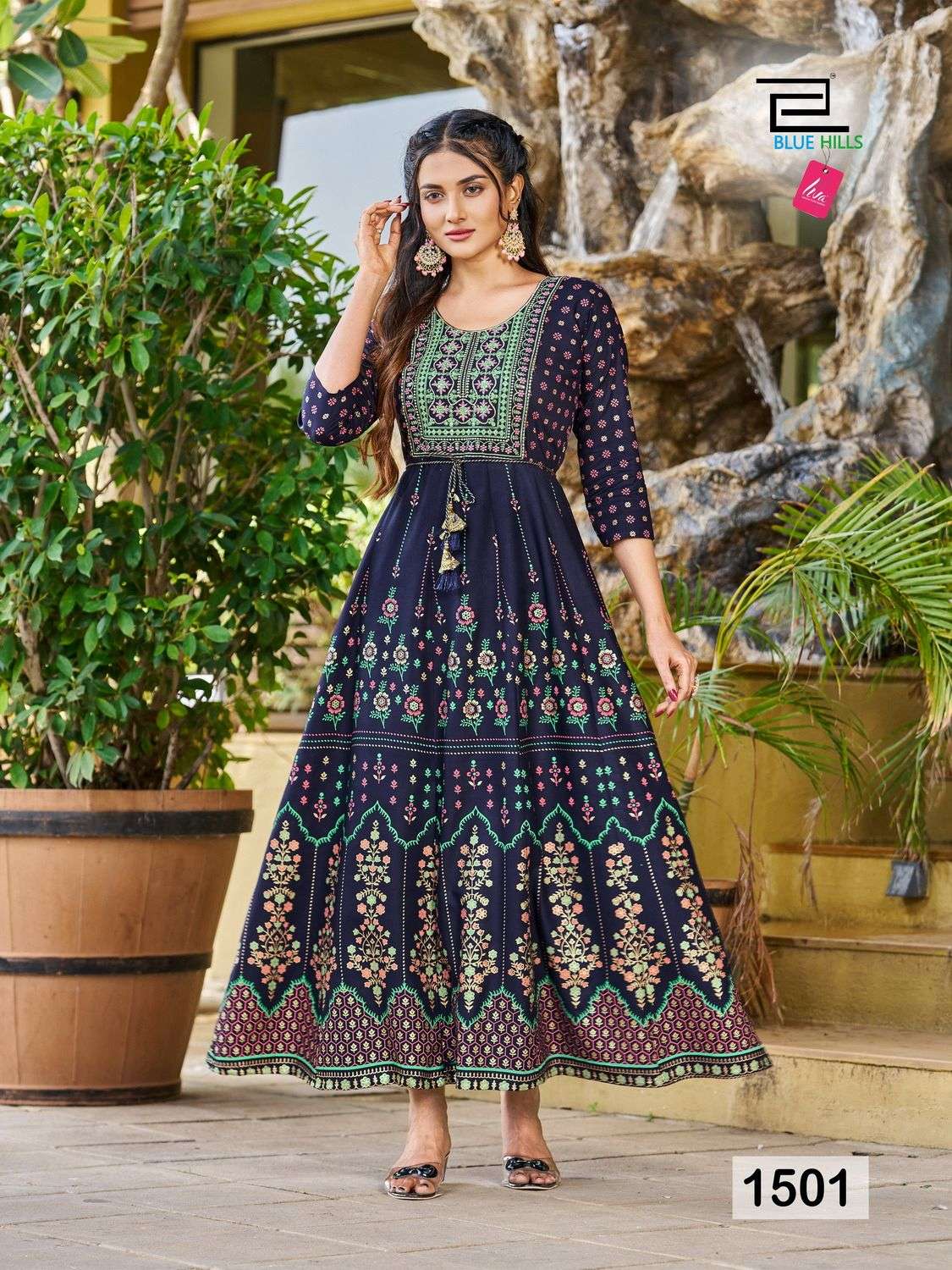 readymade gown style kurtie glamour lady long anarkali gown with embroidery work fabric 14kg reyon print with embroidery work plus sequins  