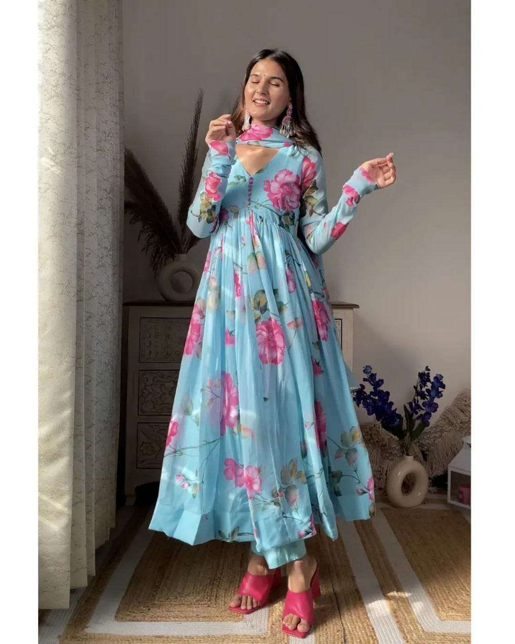 readymade gown with duppta blue lotus suitnadd a pop of colour to your wardrobe with our beautiful water lily suit this enchanting outfit is made from fox georgette fabric
