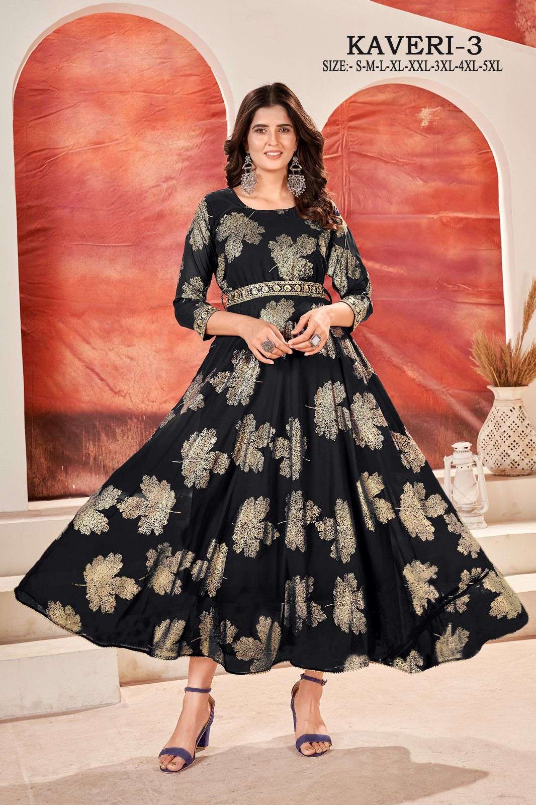 readymade skirt gown kaveri 3 top faux georgette foil gold print with cotton lining attached inside s to 5xl size readymade gown with waist belt  