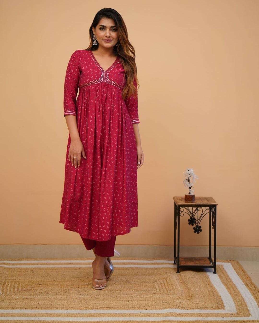 reyon cotton aliacut readymade kurtie with pant dress in red colour printed aliacut kurtie with pant  