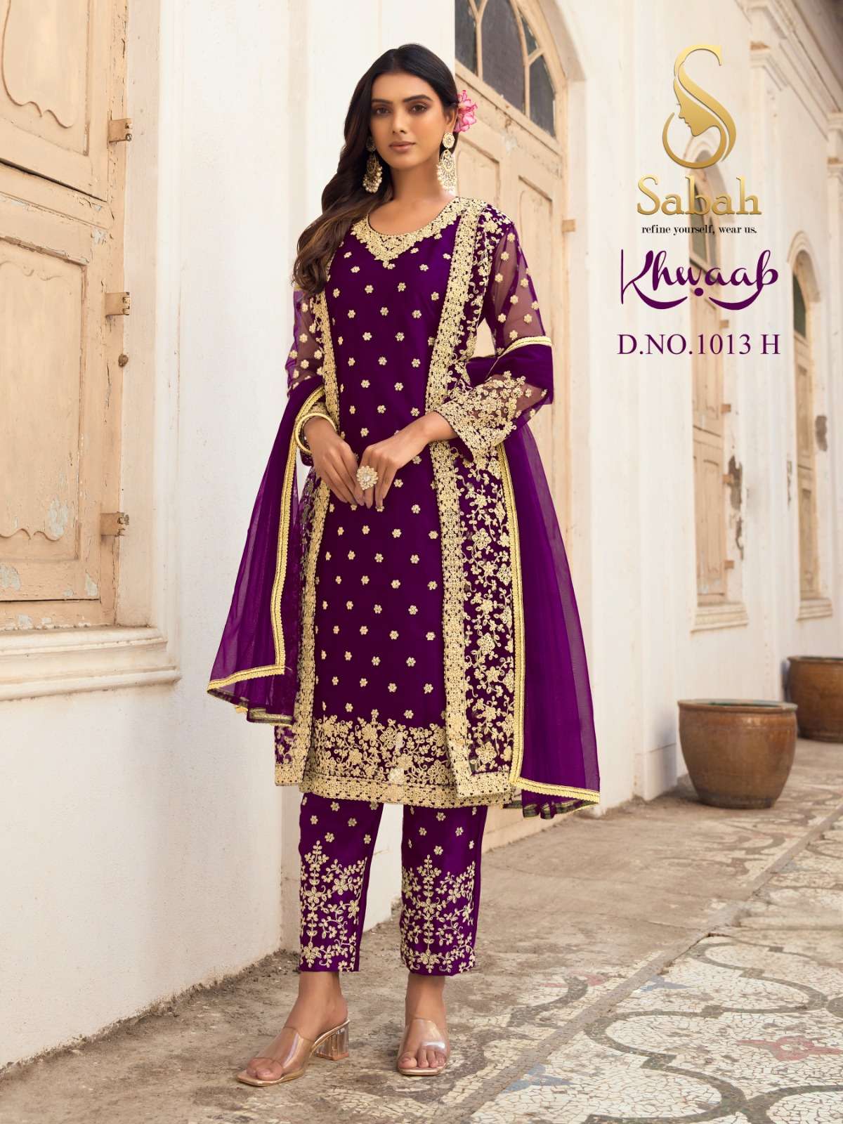 sabah catalogue khwaab series 1013 hit colour plus heavy designer partywear jacket style suit collection heavy embroidery suit 