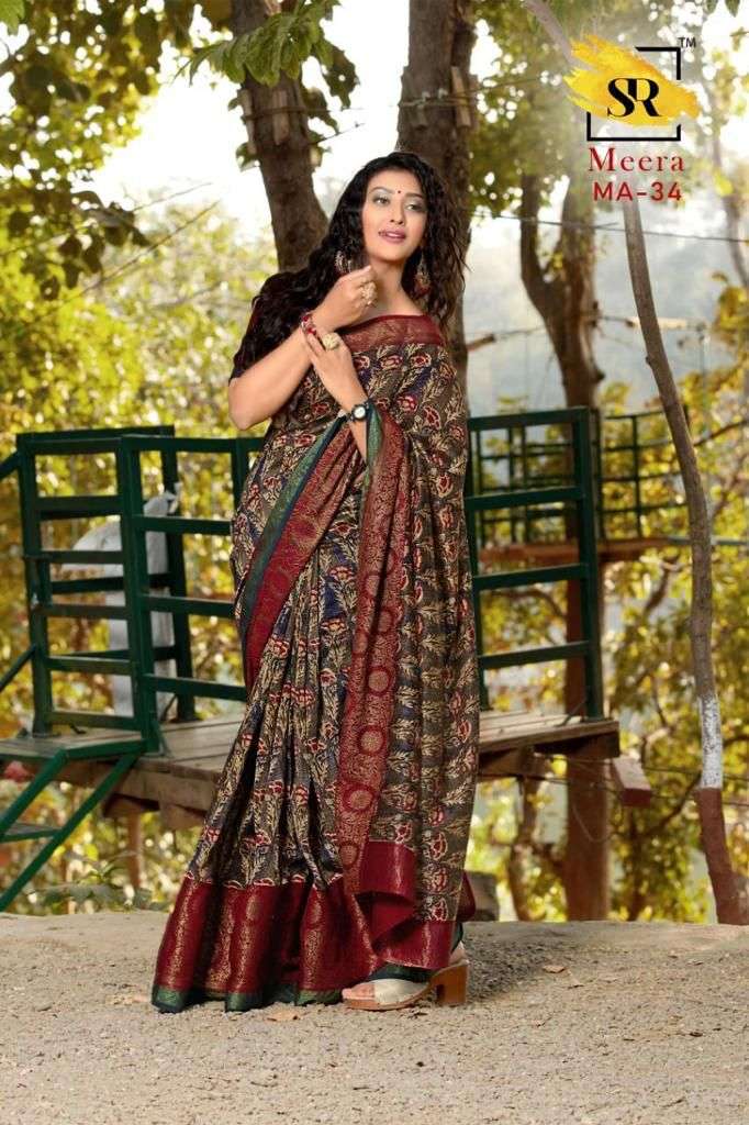 saree brand sr catalogue meera all time hit design fabric soft cotton silk jaquard pannel border beautiful design and colour matching dailywear saree collection  