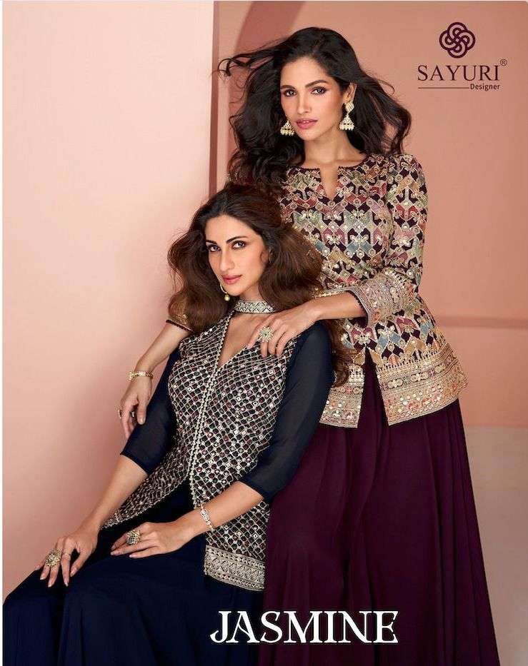 sayuri designer catalogue jasmine series 5373 to 5376 designer indowester heaby embroidery partywear readymade dresses collection 