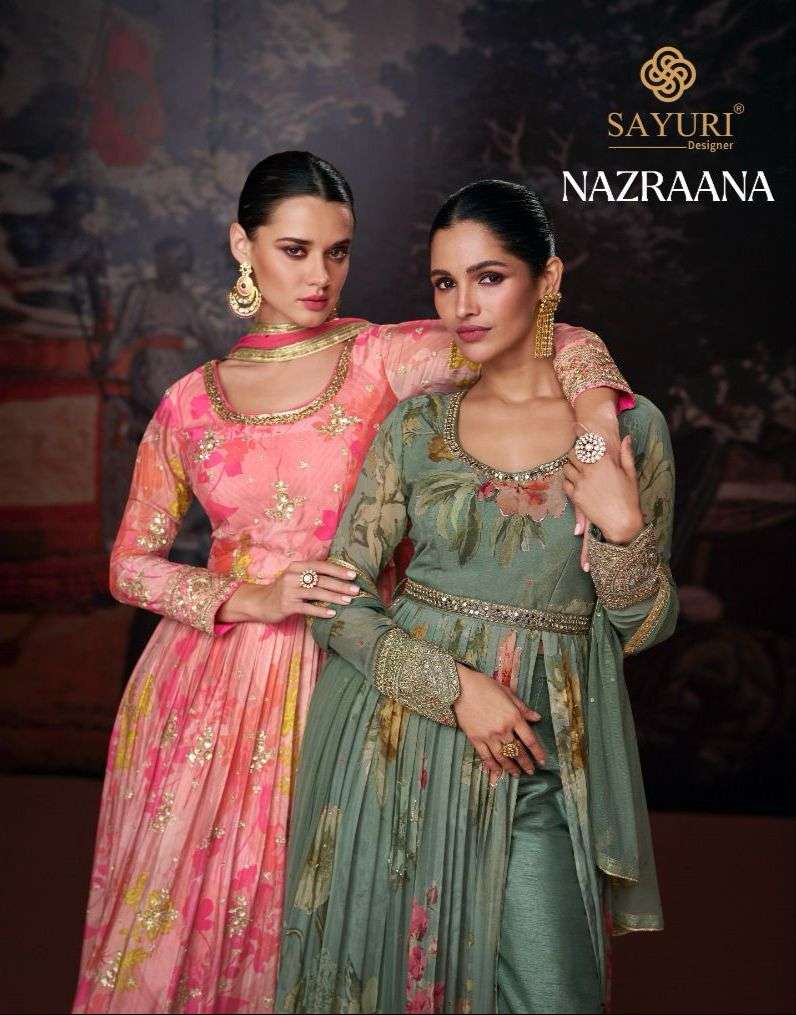 sayuri designer catalogue nazraana series 5366 to 5369 real georgette heavy embroidery partywear suit collection designer printed with embroidery partywear suit   