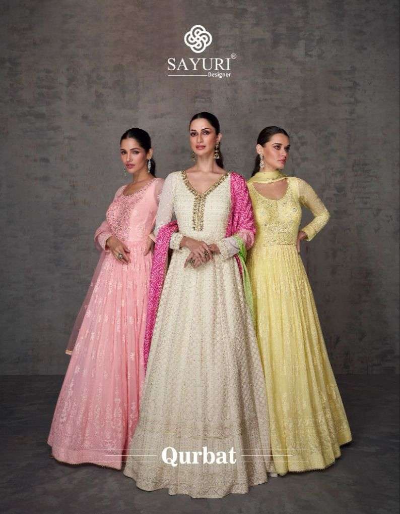 sayuri designer catalogue qurbat series 5370 to 5372 real georgette partywear readymade anarklai gown dresses collection designer partywear gown style suit  