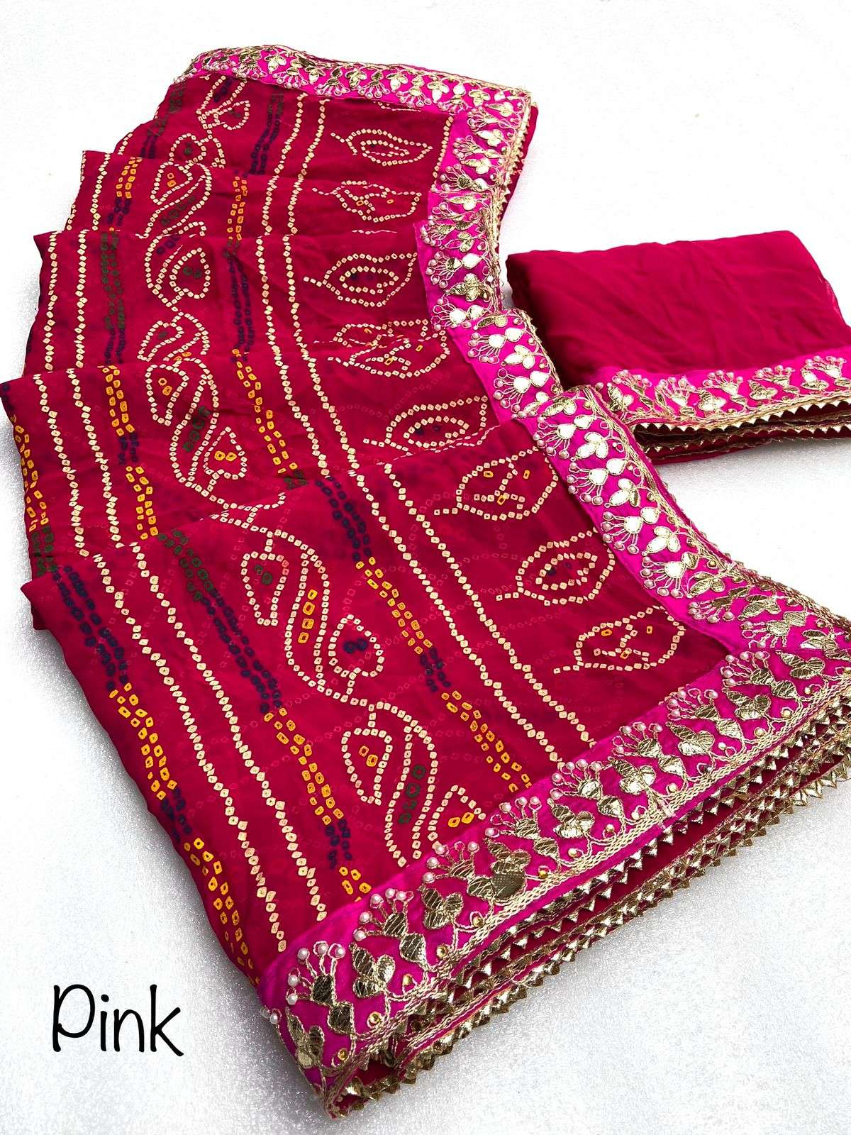 soft georgette bandhni saree with khadi print in all over saree with beautiful gotapatti nd moti rich border lace saree collection  