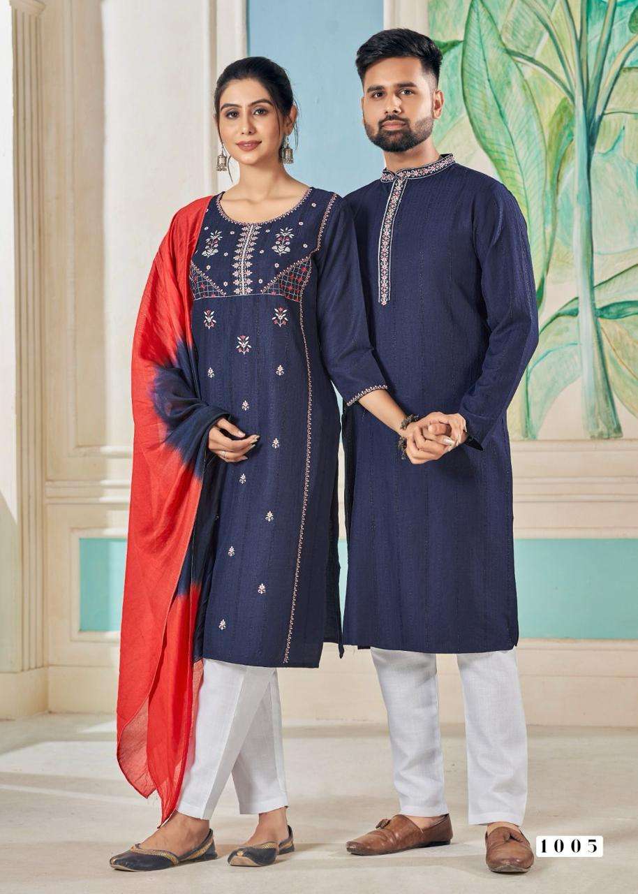 soulmates couple wearing same combo festival collection mens kurta pyjama womens kurtie pant and duppta in same pattern couple twining combo   