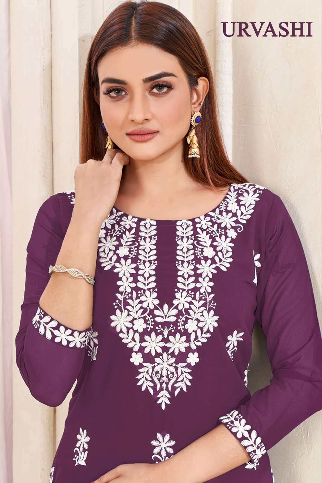 urvashi size m to 3xl faux georgette cotton lining inner attached white cotton embroidery lucknavi style embroidery kurtie collection 