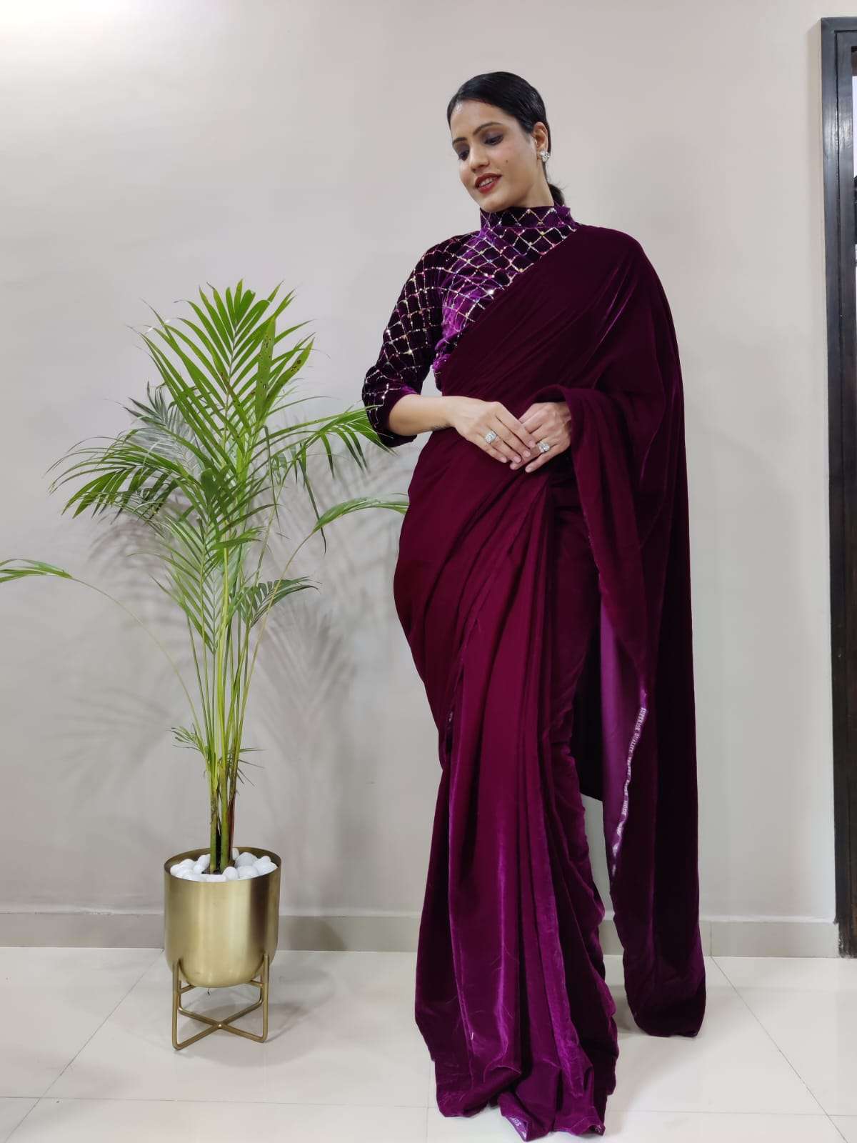 velvet saree presenting you most beautiful ready to wear saree collection with real modelling shoot with full stitched jacket style blouse 