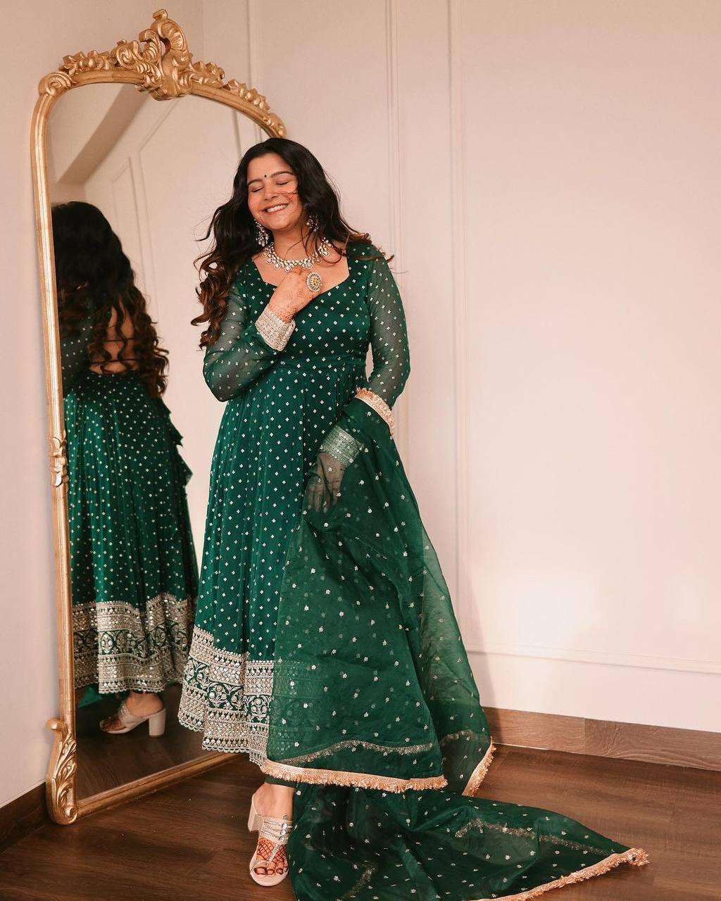741 heavy green suit this beautiful  green suit is a wedding special collection georgette embroidered with sequins suit designer mehendi green readymade anarkali suit 