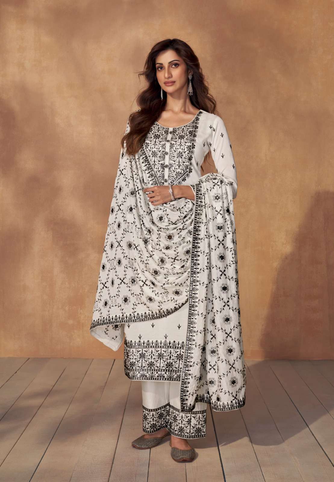 aashirwaad creation catalogue safeena series 9864 to 9865 top premium silk stitched bottom premium silk stitched duptta premium silk designer suit black n white colours suit 