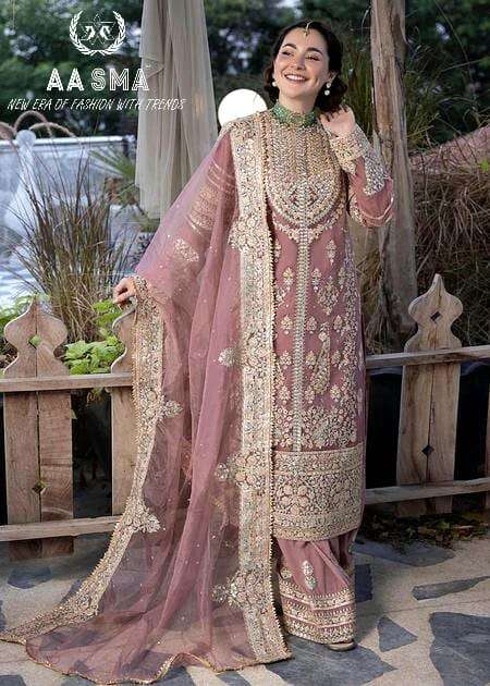 aasma 7773 design number 203 pakistani suit heavy pure fox georgette with heavy embroidered very beautiful design and sequence work high quality material very beautiful semi stitched outfit 