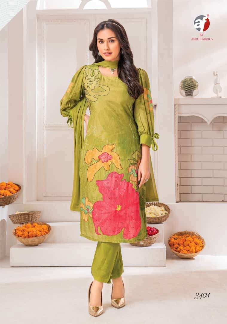 anju fabric catalogue happy shades series 3401 to 3406 designer kurti with afgani designer kurti pant with dupatta n scarf readymade afghani pant suit 