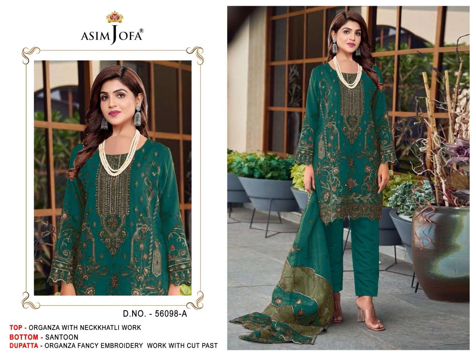 asimjofa design number 56098 a to 56098 b fabrics top organza embroidery with khatli fancy work bottom santoon designer partywear sharara suit 