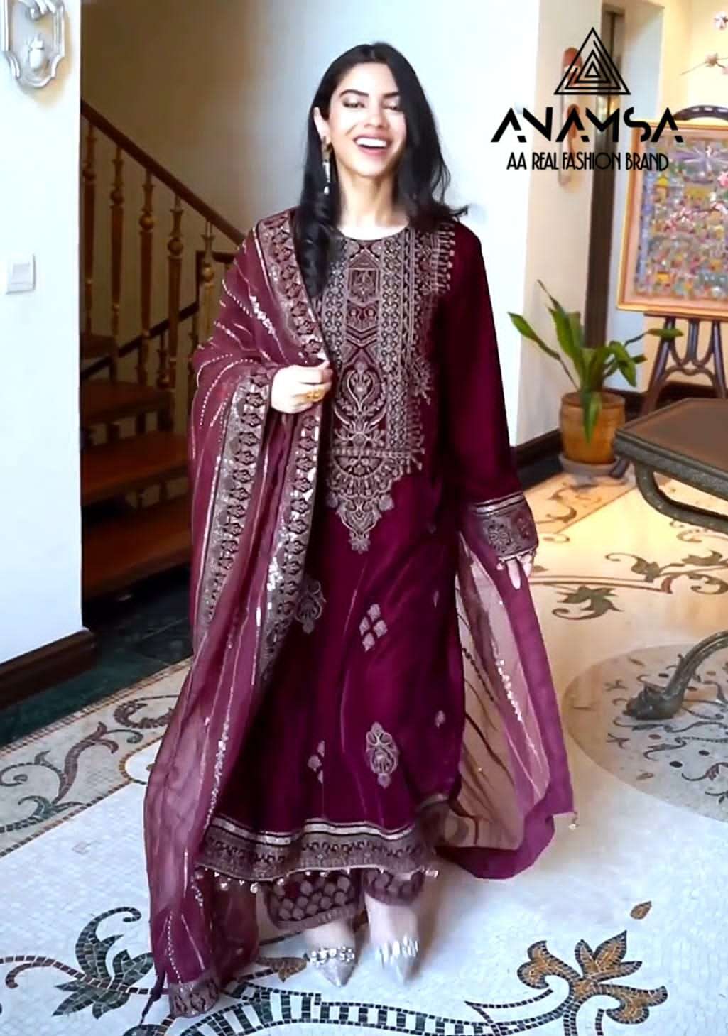 brand anamsa design number 7773 pakistani velvet suit heavy pure velvet 9000 with heavy embroidered very beautiful design and sequence work high quality material 
