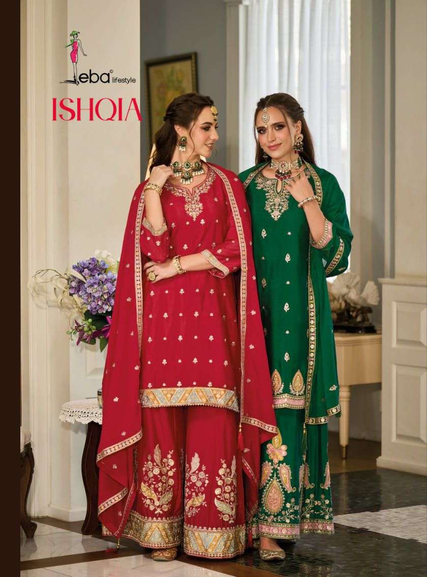 eba lifestyle catalogue ishqia series 1665 to 1667 fabric top heavy chinon with emboidery work duppta heavy chinon with embroidery work palazo heavy chinon with embroidery work front n back 