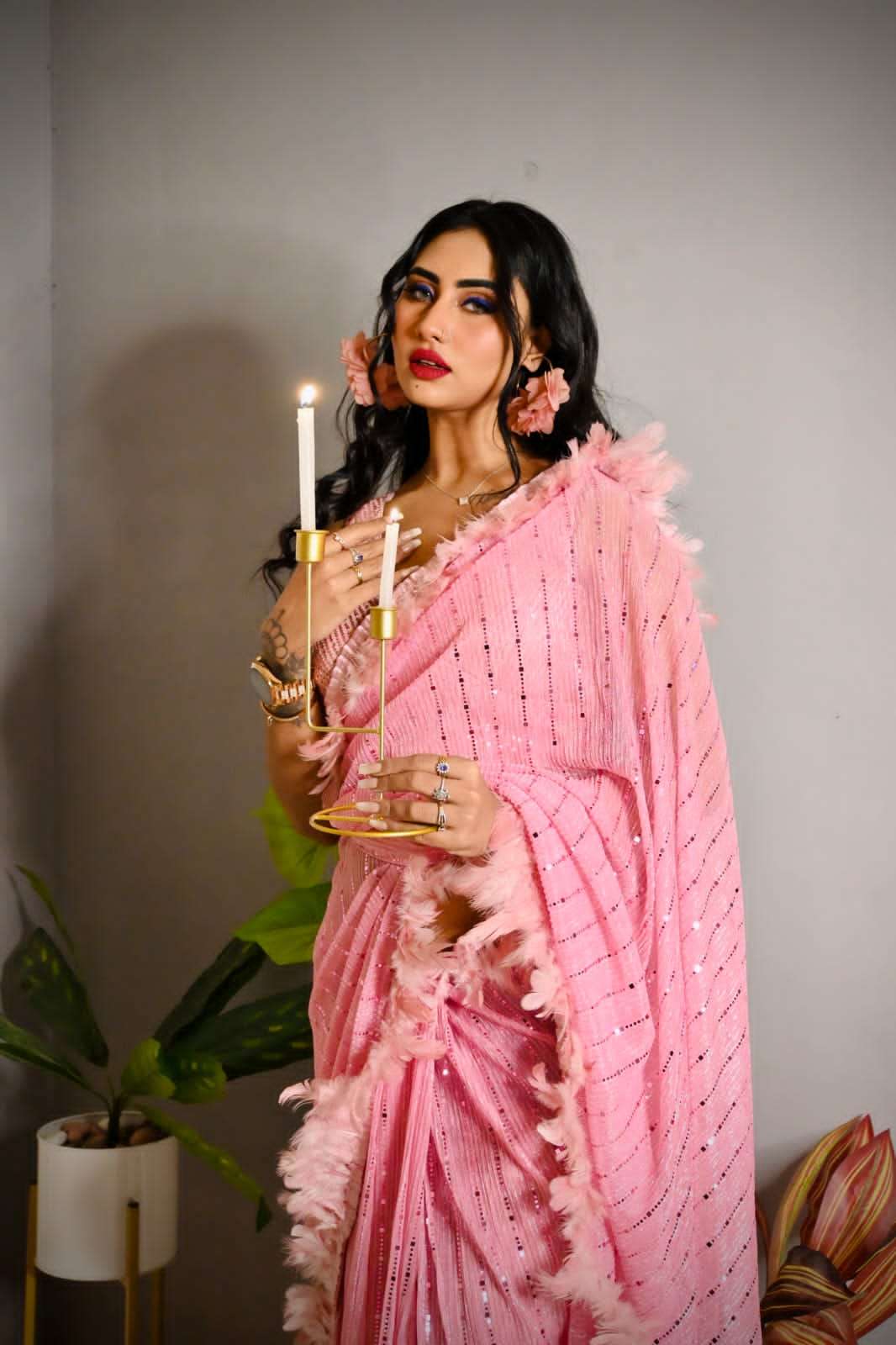feathers saree fabric imported jari lycra fabric with features lace border designer partywear stylish saree collection designer saree 