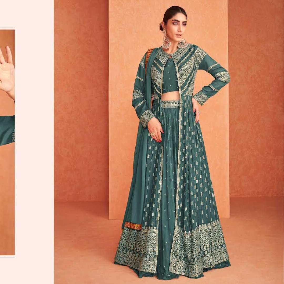 flossy catalogue naksh color plus fabric jorget designer partywear indowestern crop top with jacket and skirt plazo with duppta elegant indowestern suit collection 