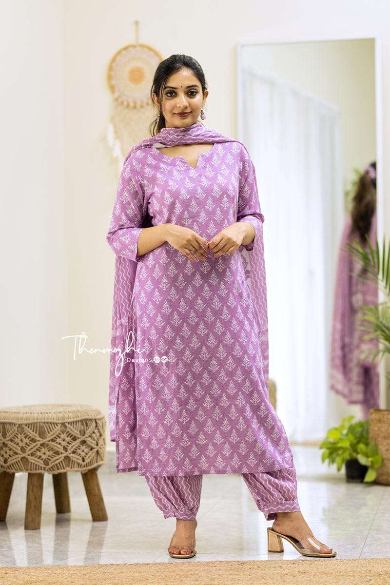 for a festive gathering you can opt for our purple floral afghani suit set which is decorated with finest and motifs  colour purple fabric pure cotton inclusive top bottom dupatta 