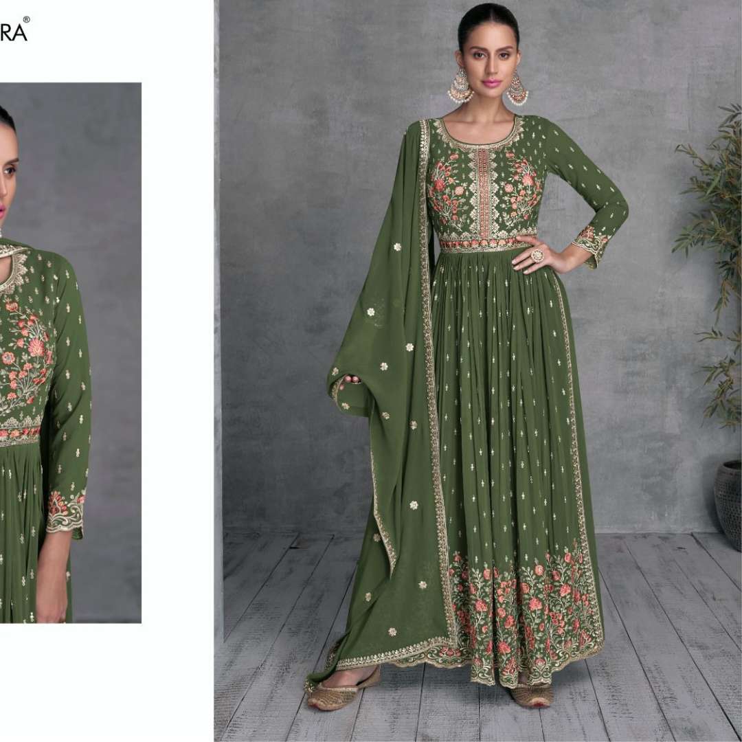 gulkarya designer catalogue rivva 7421 a to 7421 e stylish readymade heavy embroidery partywear nairacut suit collection nayra cut heavy dresses  