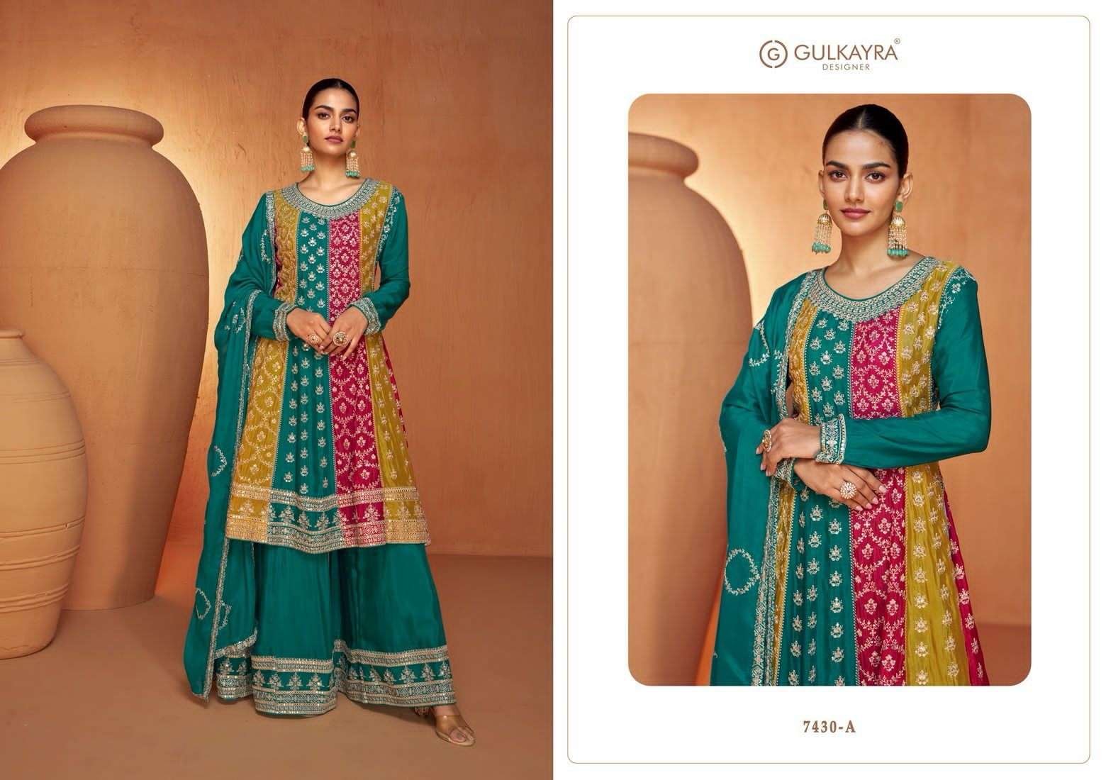 gulkarya designer catalogue ruhi series 7430 a to 7430 c real chinon with front n back work bottom real chinon dupatta real chinon designer partywear suit collection   