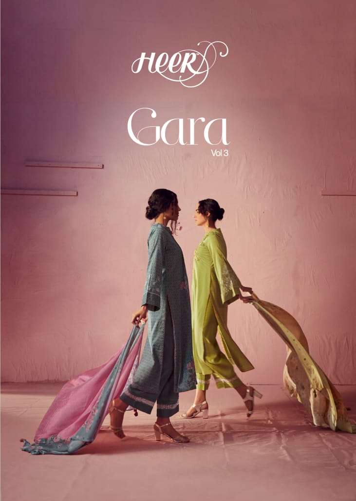 Kimora by heer catalogue gara vol 3 designer pure cotton satin with bandhani prints with placement parsi embroidery on front and sleeves 