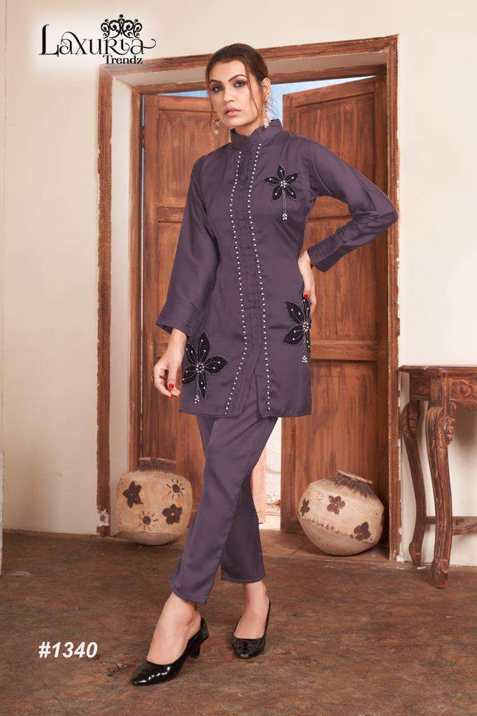 laxuria trendz design number 1340 cord set designer tunic with gorgeous handwork on velvet patch  n sleeves n glamours paired with overlapping handwork on velvet 