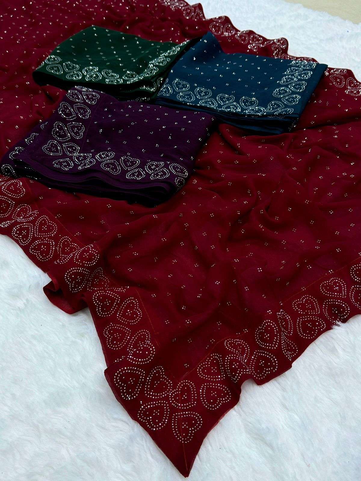loving heart valentine day special fabricits simmar shining soft fabric all over border sarwoksi work non removable stone designer partywear saree 