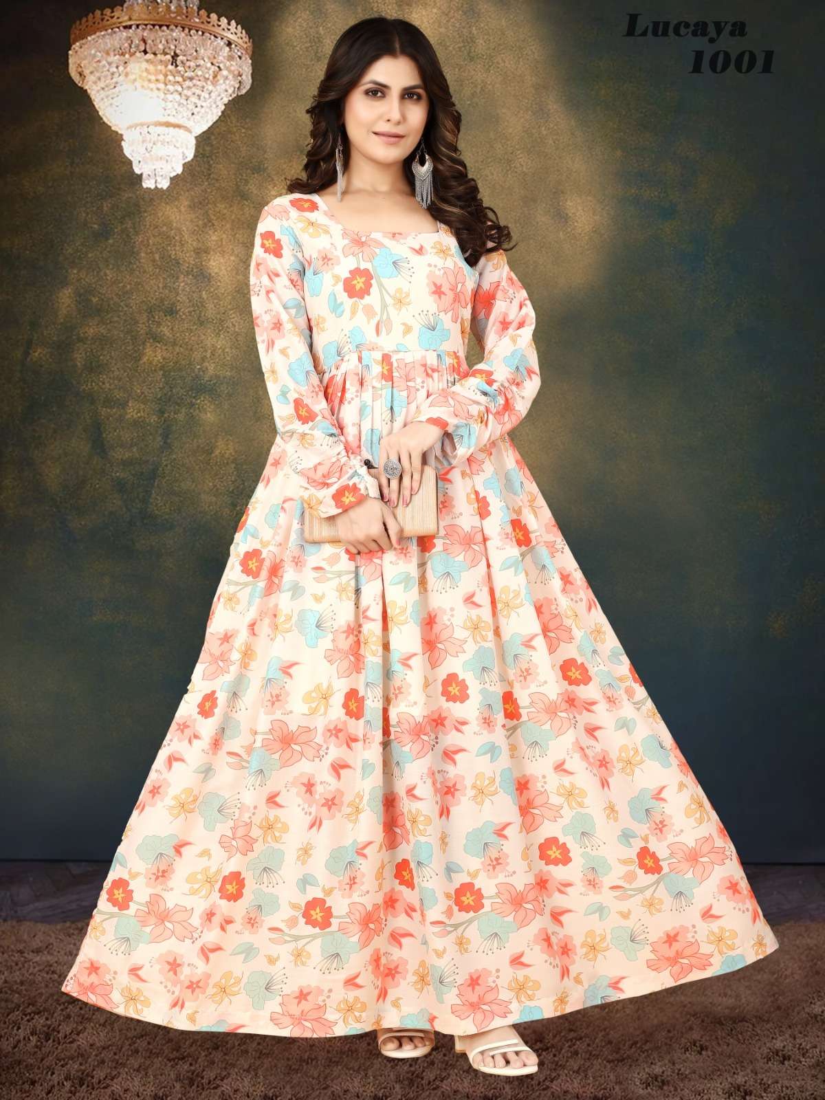 lucaya v 10 heavy muslin with digital printed work full inner attached heavy crape stylish gown readymade one piece gown xs to 6xl size option available  
