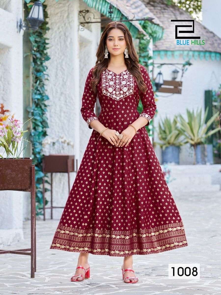 maahi long anarkali gown with heavy embroidery work fabric 14kg rayon printed with embroidery work readymade gown with waist belt 